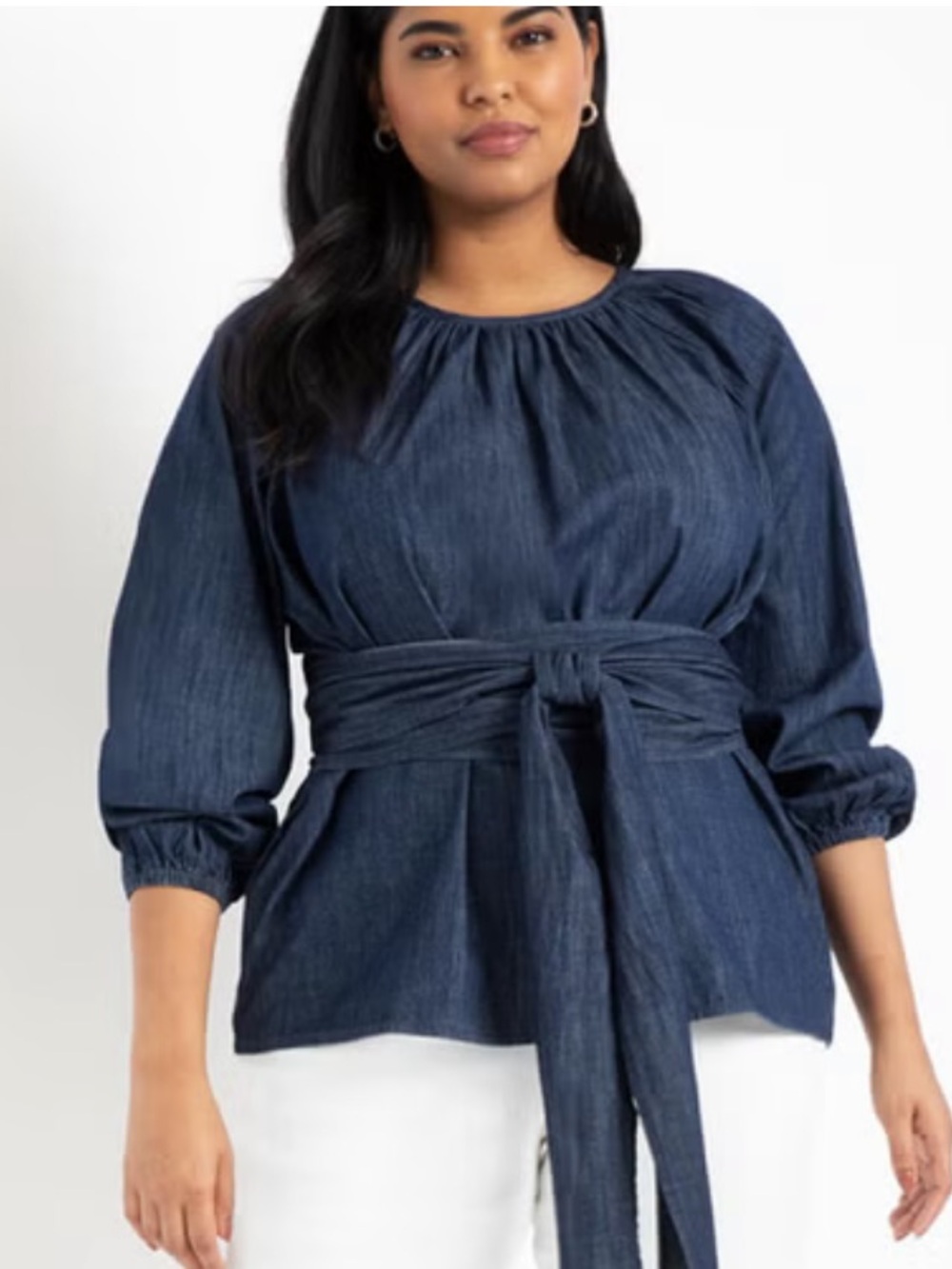 NWOT Eloquii Denim Faux Wrap Belted Tie Waist 3/4 sleeve top Size 20